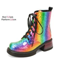 Rainbow Leather Female Boots 🌈 – Bold, vibrant, and unapologetically you. Step out in style with these colorful boots, perfect for making a statement and celebrating pride with every stride! Upper Material - PU Heel Height - (5cm-8cm) Platform - 2.5CM Size Chart: Shipping info Processing time: 3 to 5 days Estimated delivery time: 5 to 12 days Multicolor Lace-up Boots With Round Toe For Fall, Trendy High Heel Martin Boots For Streetwear, Trendy Streetwear Boots With Flat Heel, Trendy Flat Heel Boots For Streetwear, Punk Style Round Toe Boots For Spring, Multicolor Round Toe Boots For Fall, Trendy Ankle-high Boots, Spring Punk Boots With Round Toe, Spring Streetwear Ankle Boots