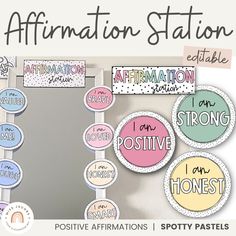 an assortment of stickers on a mirror with the words affirmation station attached to it