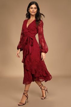 Burgundy Midi Dress - Ruffled Midi Dress - Embroidered Midi Dress - Lulus Winter Wedding Guest Outfits, Outfit Cold Weather, Winter Wedding Guest, Wedding Guest Outfit Winter, Winter Wedding Outfits, Long Sleeve Bridesmaid Dress, Wedding Guest Outfits, Winter Wedding Guest Dress, Burgundy Midi Dress