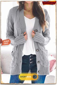 Button Cable Knit Cardigan Cardigan Outfit Plus Size, Grey Cardigan Outfit, Slouchy Cardigan, Outfit Plus Size, Cardigan Outfit, Pullover Mode, Loose Cardigan, Pocket Sweater, Outwear Coat