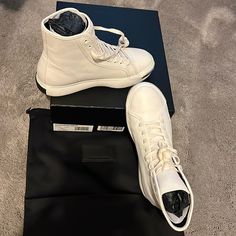 Alexander Wang Pia White Leather Sneakers Women’s 38.5 Us Size 8.5 Worn Once Spring Leather Low-top Boots, Spring Low-top Leather Boots, Casual High-top Lace-up Calf Leather Sneakers, Casual Calf Leather High-top Lace-up Sneakers, Casual Calf Leather High-top Sneakers, White Leather High-top Sneakers With Round Toe, Calf Leather High-top Sneakers With White Sole, Low-top Leather Boots With White Sole, Leather High-top Sneakers For Streetwear With Flat Heel