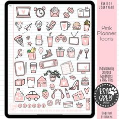 pink planner icons on lined notebook paper with black and white writing in the middle,