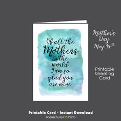 the printable mother's day card is shown in blue and green watercolor