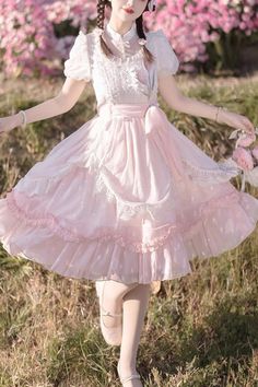 Sweet Party Dress With Ruffle Hem, Cute Pink Dress With Ruffled Skirt, Kawaii Dresses With Bow, Sweet Ruffle Dress For Garden Party, Sweet Ruffled Dress For Garden Party, Spring Kawaii Dress With Ruffles, Cute Summer Dress For Tea Party, Sweet Summer Dresses For Tea Party, Sweet Summer Tea Party Dress