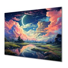 an image of a painting with clouds and the moon in the sky above it on a canvas