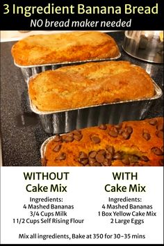 three different types of baked goods in pans