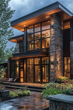 a modern house with large windows and stone pillars on the outside, surrounded by greenery