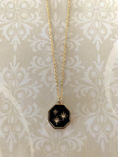 "Pretty gold tone 8 point stars on black enamel with gold edging octagon shaped necklace, gold stars necklace, stars necklace, stars on black, black star necklace, octagon necklace, necklace star.  Pendant measures 3/4\" in diameter and is on an 18\" chain.   ★ Want to see more?  Please visit my shop at: https://www.etsy.com/shop/DesignsByPeg" Prince Kaeya, Hex Girls, Stars Necklace, Pretty Jewelry Necklaces, Necklace Star, Star Necklace Gold, Pipe Dream, Sparkly Things, Jewellery Inspiration