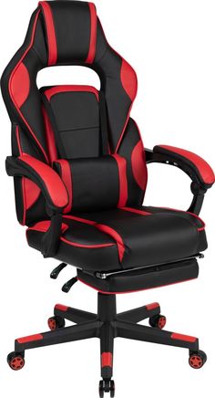 a black and red office chair with wheels