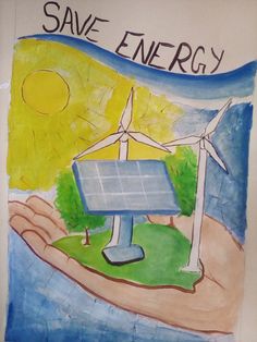 a drawing of a hand holding a solar panel with the words save energy written on it