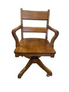 a wooden desk chair with wheels on an isolated white background