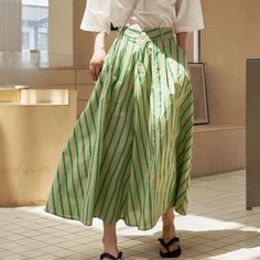 Women's summer green striped maxi cotton A-line skirt Striped Skirt Outfit, Umbrella Skirt, Pleated Long Skirt, Summer Green, Long Skirts For Women, Striped Skirt, Striped Maxi, Cotton Shirts, Women's Skirts