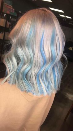 Blue Highlights In Blonde Hair Short, Blonde Hair With Color Underneath Blues, Pastel Blue Money Piece Hair, Blonde Highlights With Peekaboo Color, Blonde Colorful Hair, Light Blue Money Piece Hair, Blond Hair With Blue Highlights, Blonde And Blue Hair Ombre, Vivid Hair Color Ideas Blondes