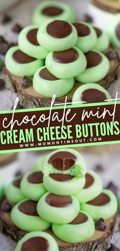 chocolate mint cream cheese buttons are stacked on top of each other in the shape of a tree