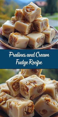 some pieces of food on a plate with the words pralines and cream fudge recipe