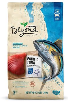 the bag of beyond pacific tuna cat food is shown with an image of a fish on it