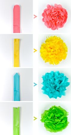 the steps to make tissue paper flowers are shown in different colors and sizes, including pink, yellow, green, blue, and orange