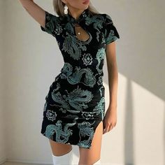 Waistline: Natural Neckline: O-Neck Material: Polyester Season: Summer Gender: WOMEN Type: regular Pattern Type: Print Fabric Type: Polyester Dragon Print Dress, Goth Skirts, Plus Size Kawaii, Kawaii Goth, Cheongsam Dress, Dragon Print, Tshirt Skirt, Y2k Aesthetic, Shirt Skirt