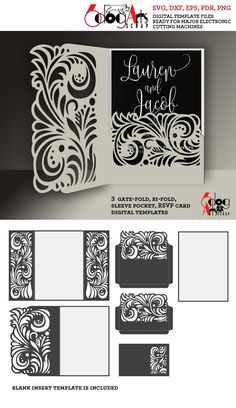 the laser cut wedding card is shown in black and white, with an intricate design