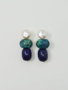 14k gold filled posts and wiring Freshwater pearls, serpentine and lapis lazuli stones Handmade to order Earrings With Beads, Lapis Stone, Lapis Earrings, Lapis Lazuli Jewelry, Contemporary Accessories, Lapis Lazuli Stone, Jewelry Lookbook, Bijoux Diy, Jewelry Inspo