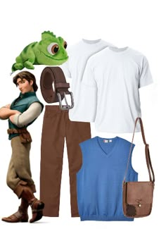 the princess and the frog costume is being worn by an adult male in brown pants, white