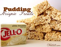 some rice krispie treats are stacked on top of each other with the word jello next to it