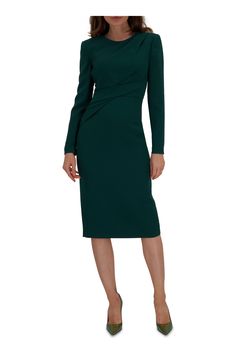 Roland Mouret - Green Wool & Silk Long Sleeve Dress Workwear Midi Dress With Structured Shoulders And Long Sleeves, Long Sleeve Midi Dress With Structured Shoulders For Work, Workwear Dresses With Structured Shoulders And Long Sleeves, Long Sleeve Dresses With Structured Shoulders For Work, Fitted Midi Dress With Structured Shoulders And Long Sleeves, Fitted Long Sleeve Midi Dress With Structured Shoulders, Formal Long Sleeve Midi Dress With Fitted Waist, Fitted Long Sleeve Midi Dress For Formal Occasions, Elegant Long Sleeve Midi Dress With Fitted Waist