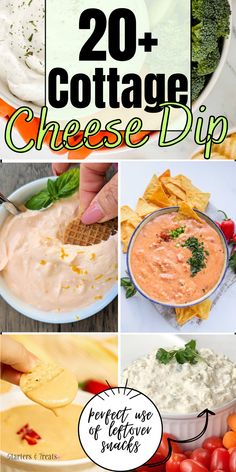 the collage shows different types of cheese dips and other appetizers with text overlay that reads, 20 cottage cheese dip