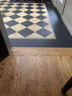 a kitchen floor with black and white checkerboard pattern on it, next to a door