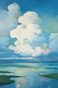 an oil painting of clouds over the ocean with blue sky and green land in the foreground