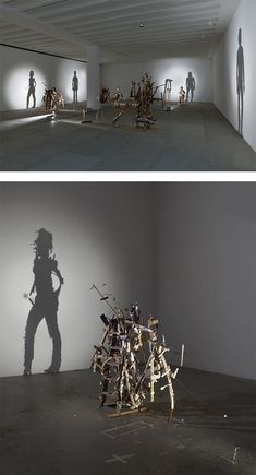 two photographs of people standing in an empty room, one is casting a shadow on the wall