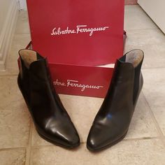 Pre Loved In Good Condition Black Leather Ferragamo Boots Elegant Leather Boots With Red Sole, Elegant Boots With Removable Insole In Calf Leather, Classic Pointed Toe Boots With Red Sole, Elegant Business Boots With Removable Insole, Chic Slip-on Boots With Leather Sole, Elegant Ankle-high Boots With Leather Lining, Elegant Boots With Removable Insole And Pointed Toe, Elegant Pointed Toe Boots With Removable Insole, Formal Ankle-high Boots With Red Sole