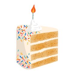 a piece of cake with a single candle on it's top and sprinkles