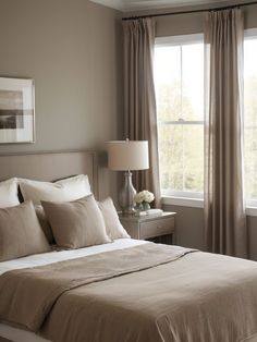 a bedroom with a large bed and two lamps on either side of the window sill