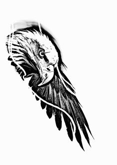 a black and white drawing of an eagle's head with feathers on its back