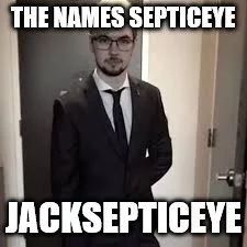 a man in a suit and tie standing in front of a door with the caption that says, the names spicyeye jackspliceye