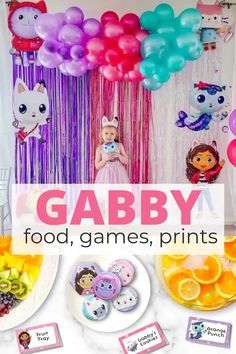 gabby food, games, and printables are on display at this birthday party