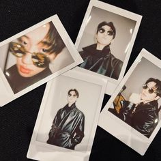 four polaroid photos of people wearing black clothing and sunglasses, all with different hair colors