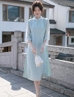 Qipao Cheongsam, Qipao Dress, Cheongsam Dress, Cheongsam, Chinese Style, Blue Fabric, Floral Embroidery, Formal Event, Warm Weather