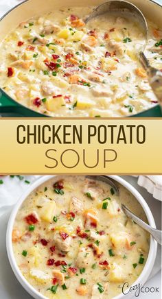 Chicken Potato Soup with chunks of chicken, potato, and bacon Chicken Potato Soup, Comfort Soup Recipes, Chicken Potato, Homemade Soup Recipe, Comfort Soup, Delicious Soup Recipes, Potato Soup Recipe, Soup Dinner, Chicken Soup Recipes