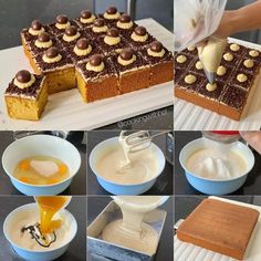 there are many pictures of how to make a cake with icing and chocolate toppings