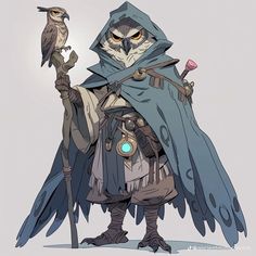 an owl dressed as a wizard holding a staff and a bird on his arm, standing next to him