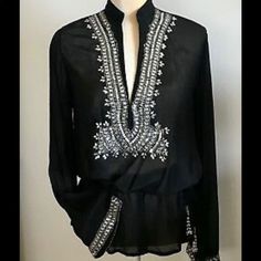 Monique Leshman Black Sheer Rhinestone Crystal Embellished Peplum Top With Embellished Bell Sleeves. Brand New With Tags, Never Worn. Small Tear In The String But It Is Barely Noticeable. Please See The Last Picture For Details. Elegant V-neck Blouse With Mirror Work, Formal Black Embellished Blouse, Black Elegant Embellished Blouse, Elegant Embroidered Blouse For Night Out, Black Tops With Mirror Work, Elegant Mirror Work Tops For Evening, Silk Tunic Top, Silk Tunic, Boho Tunics