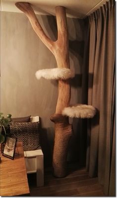 a cat tree in the corner of a room