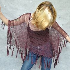 Burgundy Hand Knit Linen Poncho With Fringe Knitted Summer - Etsy Linen Poncho, Ladies Poncho, Linen Yarn, Light Dress, Yarn Sizes, Loose Knit, Knitted Poncho, Beach Covers, Summer Accessories