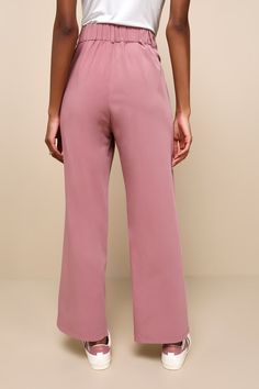 Create a luxe look in an instant with the Lulus Posh Mindset Mauve High-Waisted Wide-Leg Trouser Pants! Sleek woven fabric shapes these style-forward pants that have a high-waisted silhouette (with elastic at the back for best fit), belt loops, a hidden zip-fly, and double-clasp top closures. Relaxed, wide pant legs with side seam pockets end at ankle-length hems. Fit: This garment fits true to size. Length: Ankle length. Size medium Inseam: 28.00 Front Rise: 12.75 Waist: Fitted - elastic waist Chic Wide Leg Trousers, High-waisted Pull-on Style Pants, Chic High Waist Wide Leg Pants With Elastic Waistband, Chic Wide Leg High Waist Pants With Elastic Waistband, Versatile High-waisted Dress Pants With Elastic Waistband, Solid Color High-waisted Pull-on Pants, Versatile High Waist Dress Pants With Elastic Waistband, Chic Wide-leg Pants, Solid Straight Dress Pants With Elastic Waistband