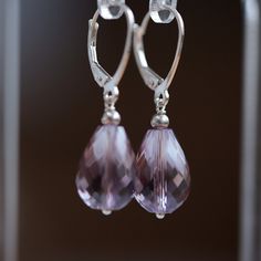 Natural Pink Amethyst Earrings are handmade with large Brazilian Amethyst drops dangling from leverbacks. The stones are genuine and have minor natural inclusions and some color zoning with citrine.  Amethyst as a stone of peace and calm, carries a tremendous amount of spiritual and metaphysical power. It is quieting the mind of the wearer and brings balance and wisdom. MATERIALS: * natural pink amethyst, 18 ct * dangling from leverbacks * Sterling Silver or 14k Solid Gold * beautiful branded gi Elegant Nickel-free Lavender Earrings, Elegant Lavender Earrings With Ear Wire, Elegant Lavender Nickel-free Earrings, Lavender Teardrop Jewelry With Ear Wire, Lavender Nickel-free Dangle Jewelry, Lavender Teardrop Earrings With Ear Wire, Nickel-free Lavender Dangle Jewelry, Faceted Lavender Teardrop Jewelry, Lavender Teardrop Nickel-free Jewelry