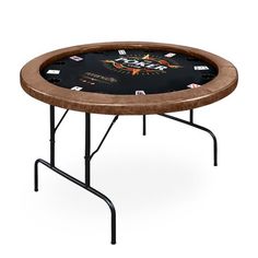 a black table with a brown top and four legs