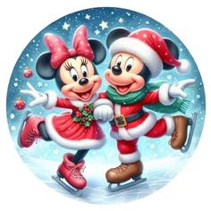 two mickey and minnie mouses skating together in the snow with christmas decorations on their heads