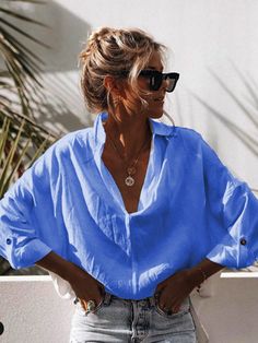 Collared Solid Color Blouse For Vacation, Long Sleeve Blouse For Beach, Collared Blouse For Vacation, Blue Solid Color Blouse For Day Out, Blue Solid Color Beach Tops, Trendy Solid Color Blouse For The Beach, Blue Relaxed Fit Solid Color Blouse, Trendy Solid Color Blouse For Beach, Blue Solid Color Blouse For Beach